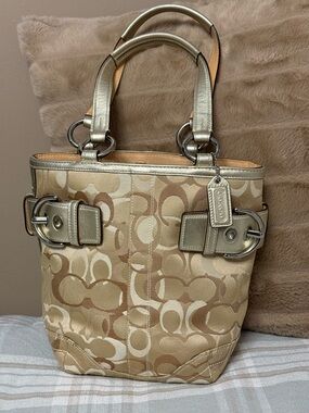 Coach Vintage Y2K Signature Small Optic Buckle Tote - Gold Metallic Trim 2005